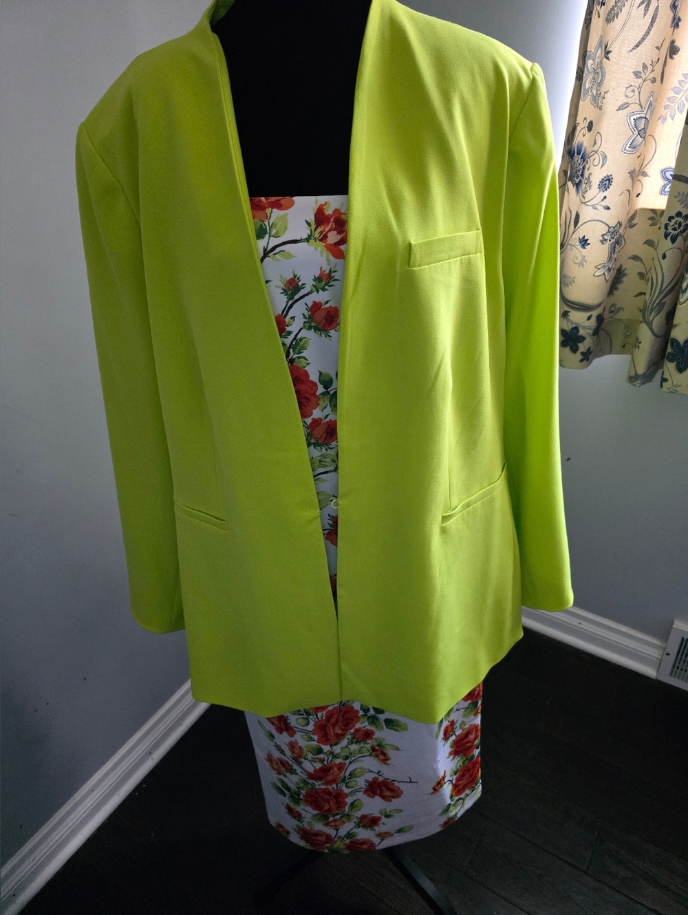 New York & Company Bright Lime Green Open-Front Midi Dress Layering Blazer